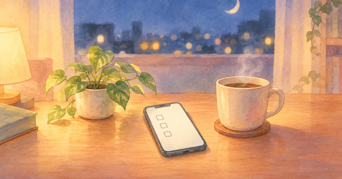 夜の机の上で、スマホのメモに3つのチェック欄が並んでいる絵