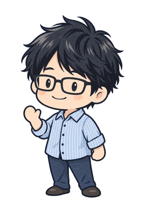はじめのキャラクター。眼鏡に青いシャツの男性のイラスト